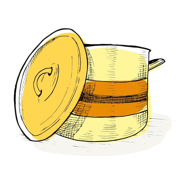 Saucepan open pot with a lid next to it handdrawn in sketch style yellow vector illustration