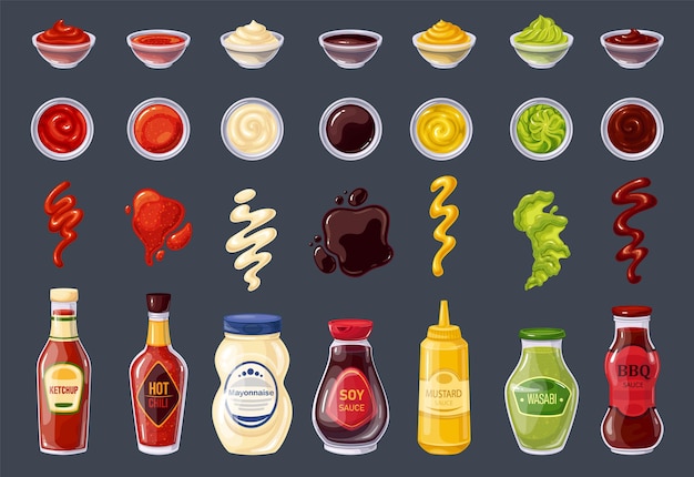 Sauces bottle and bowls, hot chili, mustard, bbq, splash strips, soy sauce, ketchup, mayonnaise, wasabi, drops and spots. Vector illustration.