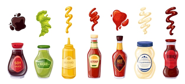 Sauces in bottle and splash strips drops