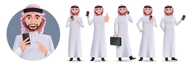 Saudi arab man vector character set. Business characters in professional pose and gestures isolated.