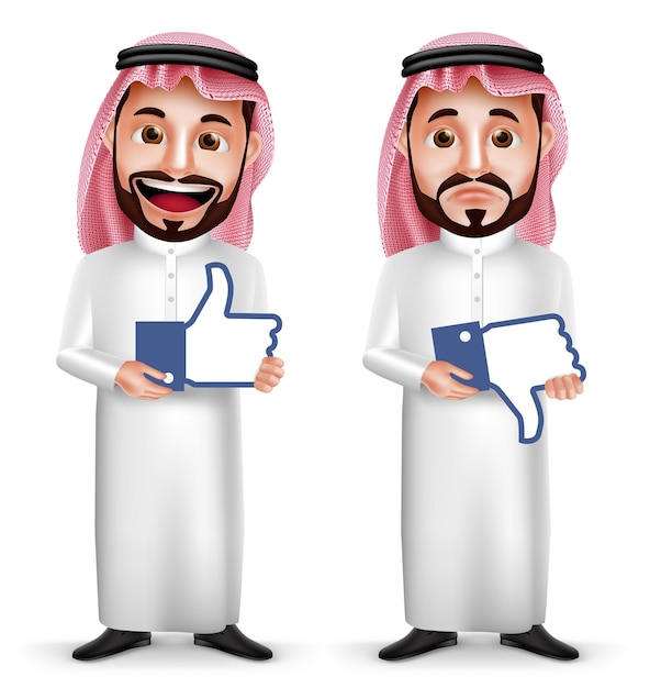 Saudi arab man vector character with facial expressions holding like and dislike sign icon