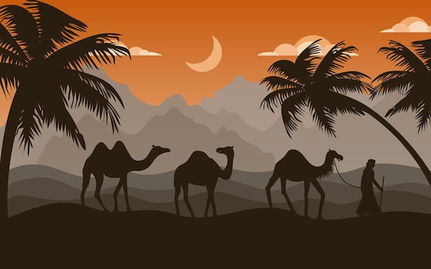 Saudi arab old camels in desert Arabian dunes and sand history islam trade adventure in caravan Sahara safari palms silhouette night landscape Vector illustration current background