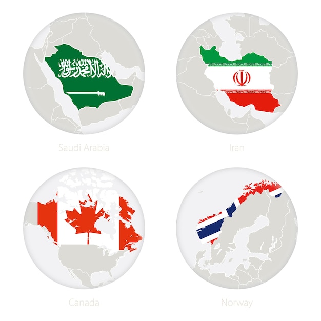 Saudi Arabia, Iran, Canada, Norway map contour and national flag in a circle. Vector Illustration.