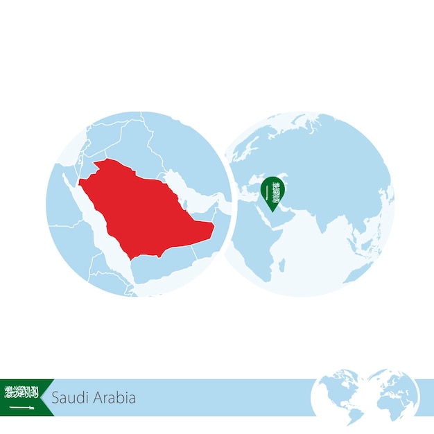 Saudi Arabia on world globe with flag and regional map of Saudi Arabia. Vector Illustration.