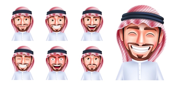 Saudi man character set vector design. Arab handsome man collection with happy facial expression.