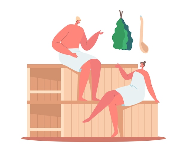 Sauna Spa Water Procedure. Relaxation, Body Care Therapy, Couple of Man and Woman Wrapped in Towels Sitting on Wooden Bench in Steam Room in Bath, People Wellness, Hygiene. Cartoon Vector Illustration