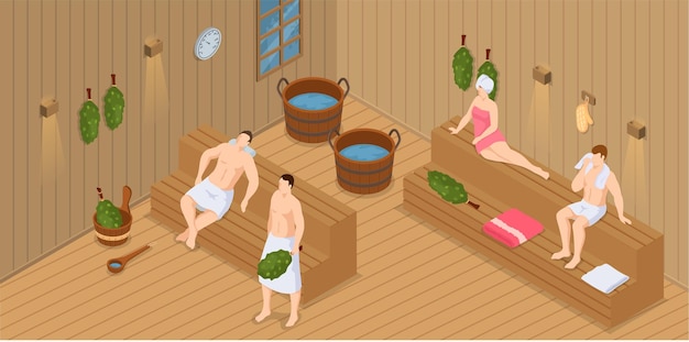 Vector sauna and steam room set of people in sauna people relax and steam with birch brooms in banya