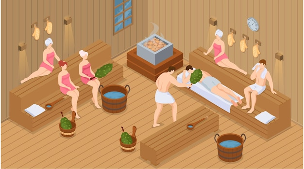 Vector sauna and steam room set of people in sauna people relax and steam with birch brooms in traditional russian stove for female and male finnish bathhouse public sauna friends in spa resort