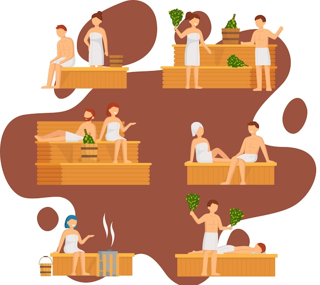 Vector sauna and steam room set of people in sauna people relax and steam with birch brooms in traditional russian stove for female and male finnish bathhouse public sauna friends in spa resort