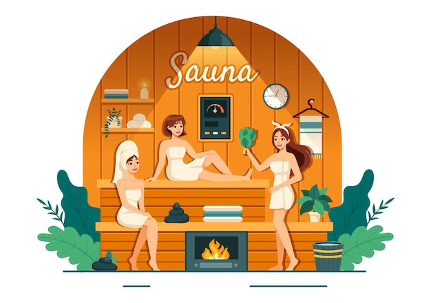 Vector sauna and steam room vector illustration with people relax washing their bodies or enjoying time