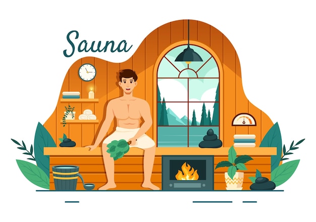 Vector sauna and steam room vector illustration with people relax washing their bodies or enjoying time