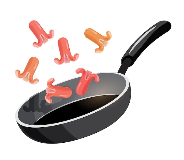 sausage are fried in frying pan vector illustration