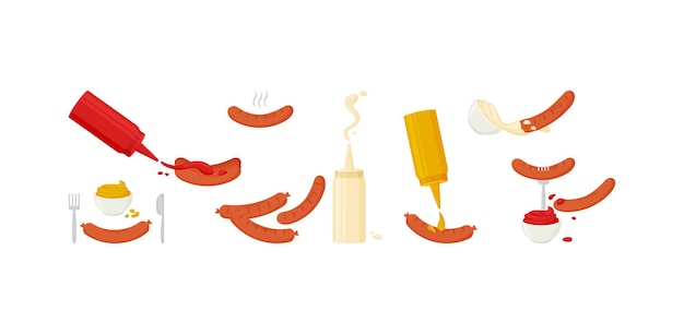 Sausage and sauce vector icon Bbq sauce mustard myonnaise ketchup bottle and bowl