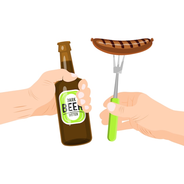 Sausages and beer isolated. Hands holding sausage and bottle of beer. Traditional snacks for Oktoberfest party