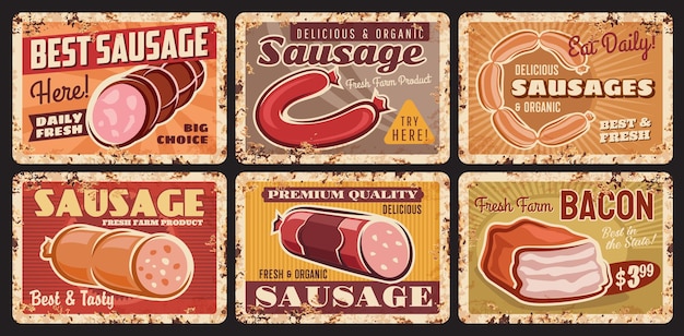 Sausages, meat farm bacon tin signs, organic meat shop rusty metal plates