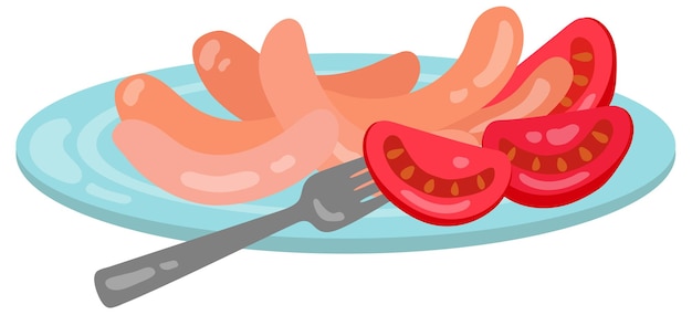 Sausages and tomatoes on blue plate with fork. Hand drawn vector illustration.