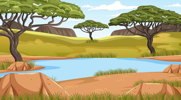 Savanna forest landscape with river and trees