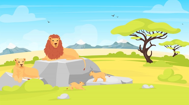 Savannah landscape   illustration. African environment with lions lying on rock. Safari field with trees and creatures. Conservation park. South animals cartoon characters