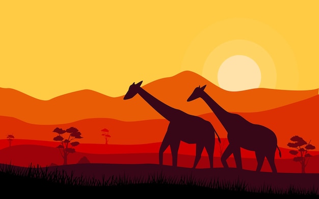 Savannalandscape illustration with giraffe