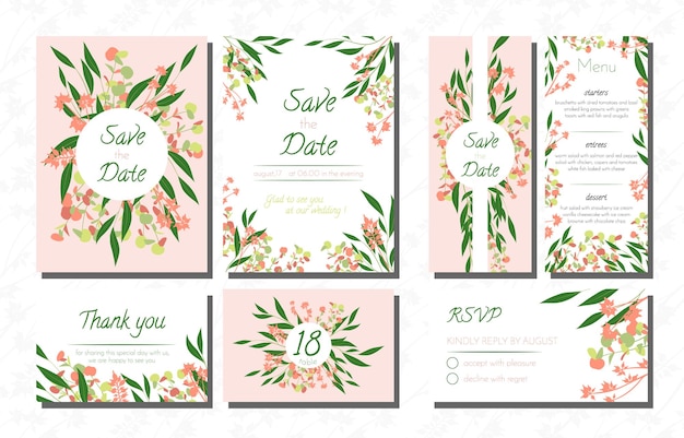 Save the date card collection with eucalyptus leaves and floral elements