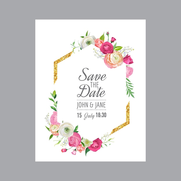 Save the Date Card Template with Gold Glitter Frame and Pink Flowers. Wedding Invitation, Greeting with Floral Ornament. Vector illustration