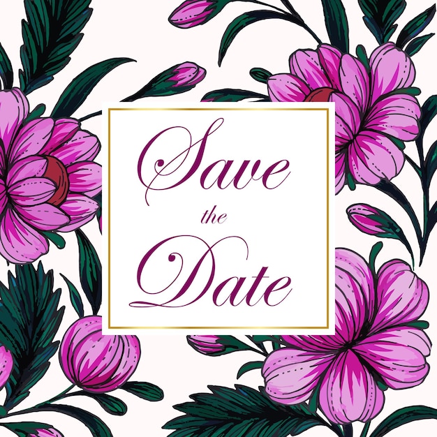 Save the date card with composition of hand drawn flowers and golden frame Floral frame card