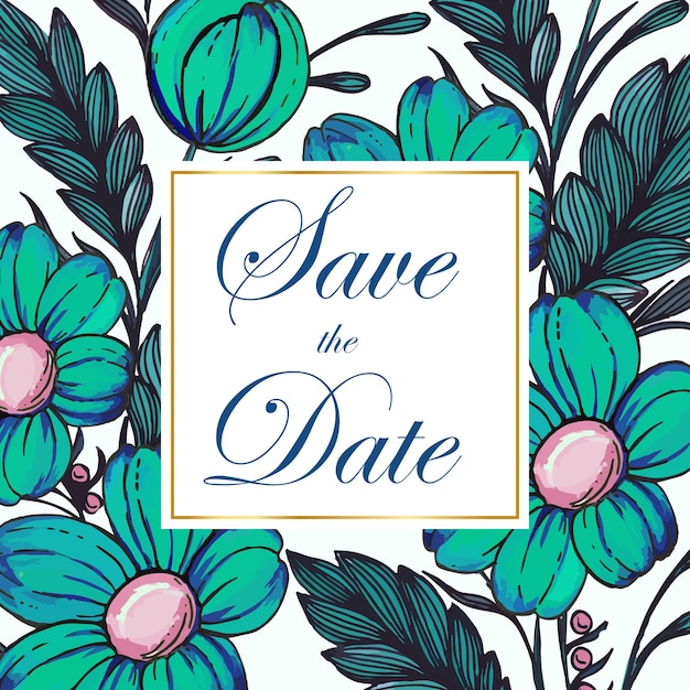 Save the date card with composition of hand drawn flowers and golden frame Floral frame card