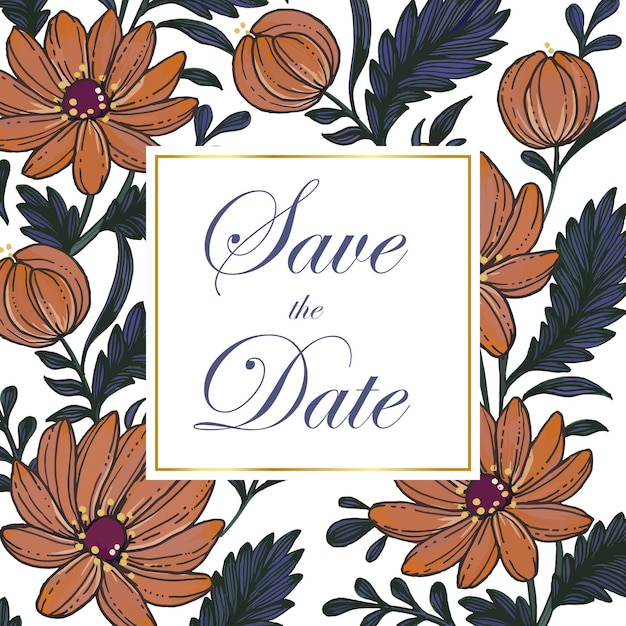 Save the date card with composition of hand drawn flowers and golden frame floral frame card