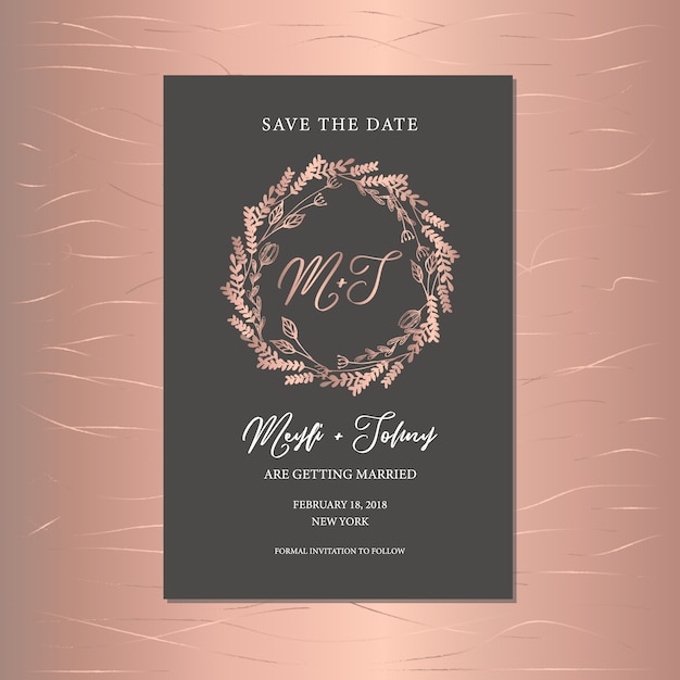 save the date card with elegant rose gold floral wreath