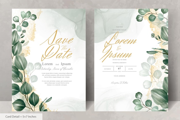 Save the date card with gold leaves and green leaves