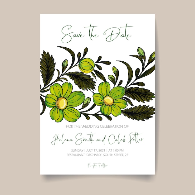 Save the date card with hand drawn ukrainian flowers leaves and branches