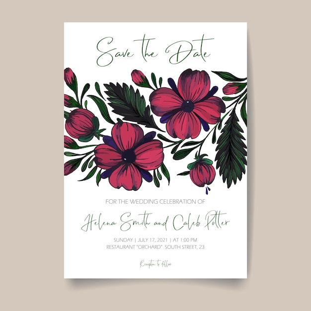 Save the date card with hand drawn ukrainian flowers leaves and branches