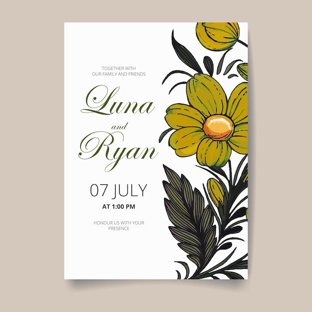 Save the date card with hand drawn ukrainian flowers leaves and branches