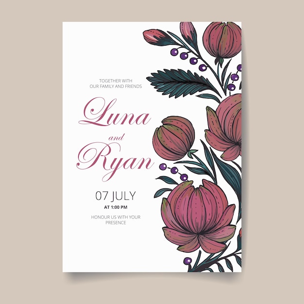 Save the date card with handdrawn ukrainian flowers leaves and branches