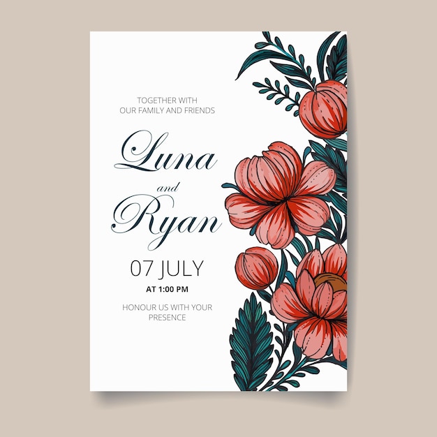 Save the date card with handdrawn ukrainian flowers leaves and branches