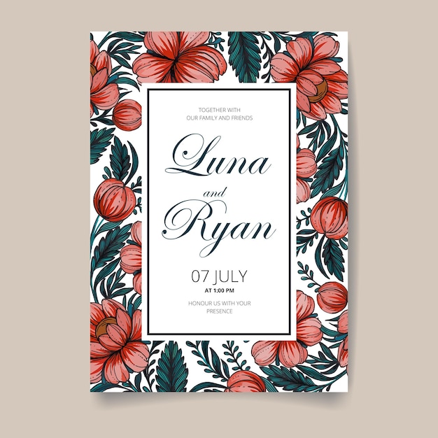 Save the date card with handdrawn ukrainian flowers leaves and branches