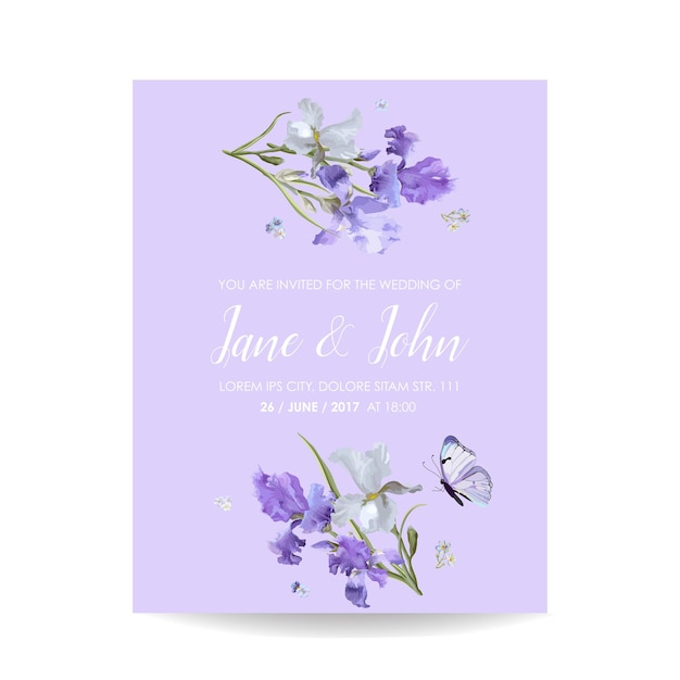 Save the Date Card with Iris Flowers and Butterflies