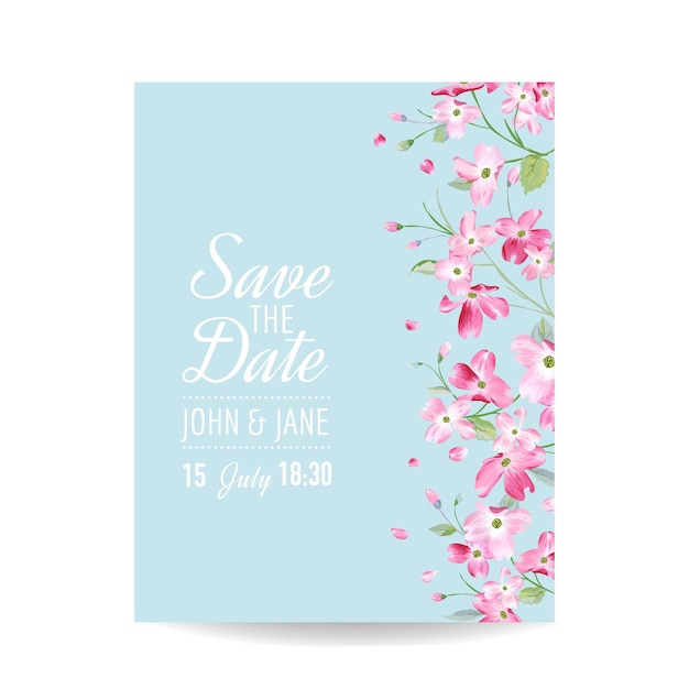 Save the Date Card with Spring Cherry Flowers for Wedding, Invitation, Party, RSVP