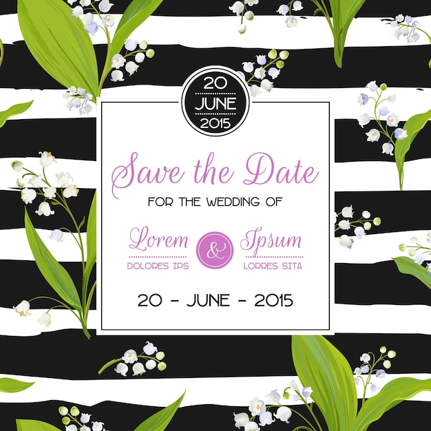 Save the Date Card with Spring Lily of the Valley Flowers