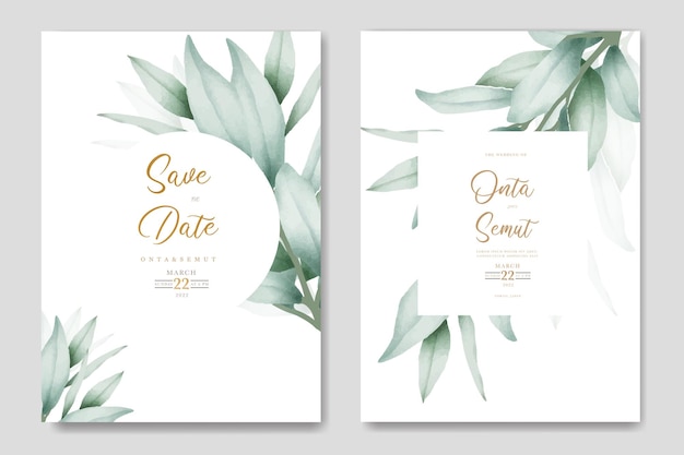 Save the date card with tropical leaves on a white background