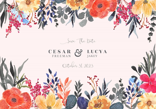 Save the date card with watercolor floral frame