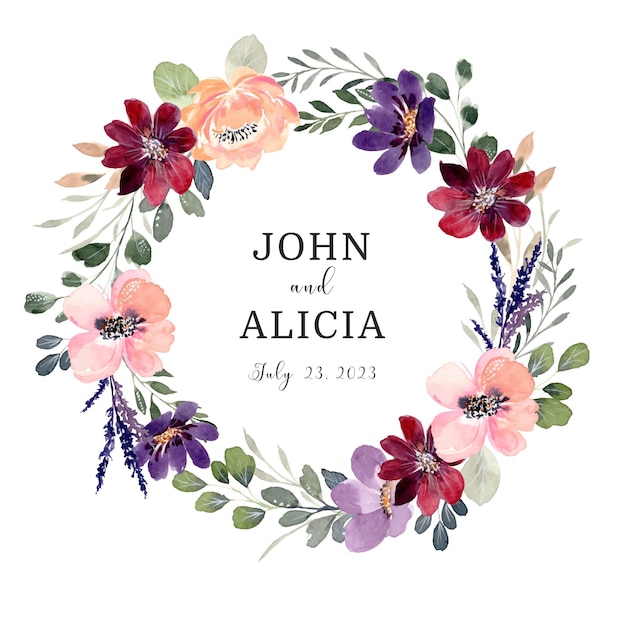 Save the date Colorful wild floral wreath with watercolor