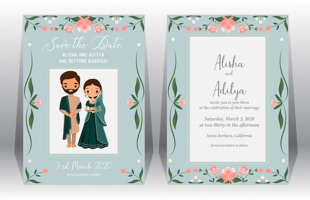 Vector save the date,indian wedding card with cute bride and groom in traditional dress on wedding invitation card template