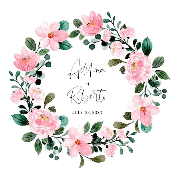 Save the date. Pink floral wreath with watercolor