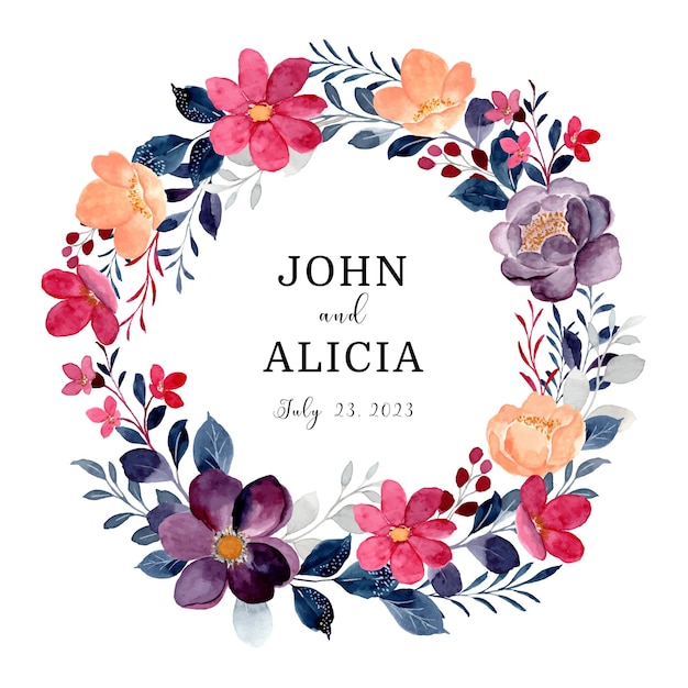 Save the date Red burgundy floral wreath with watercolor