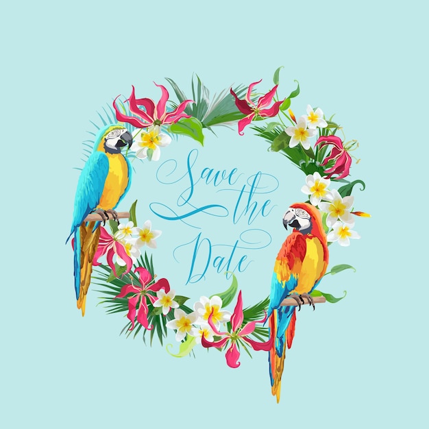 Save the Date Tropical Flowers and Birds Card