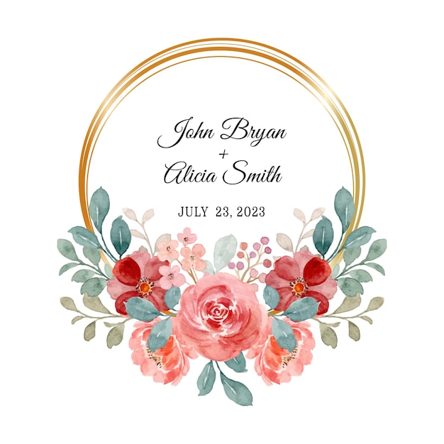 Save the date. Watercolor rose wreath with golden frame