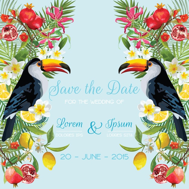 Save the Date Wedding Card with Tropical Flowers, Fruits, Toucan Birds. Floral Background