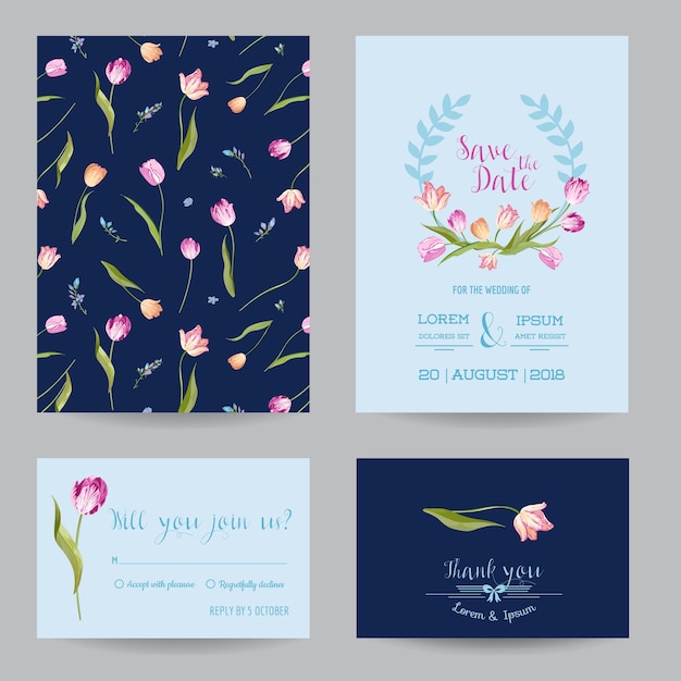 Save the Date Wedding Cards Set with Blossom Tulips Flowers