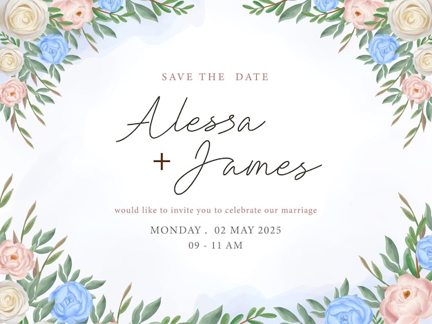 Save the date wedding invitation card template with blue peach rose flower arrangement art